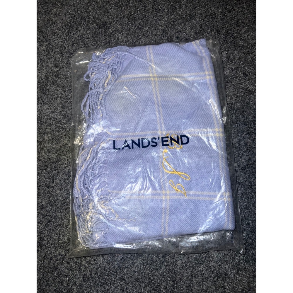 Lands' End Cashmere Scarf Perwinkle Blue Plaid Yellow Check Fringe One Size NIP